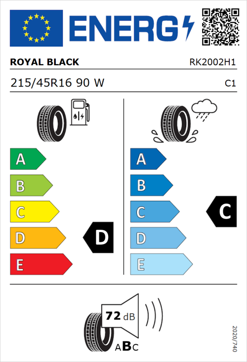 Tyre Label for Royal Black Royal Mile 215/45R16 90W