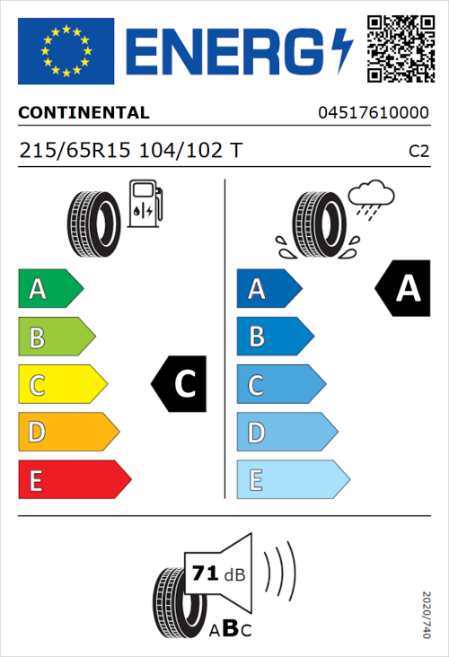 Tyre Label for Continental VanContact Ultra 215/65R15 104/102T