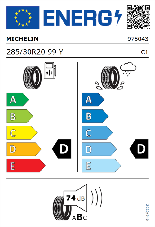 Tyre Label for Michelin Pilot Sport Cup 2 Connect 285/30R20 99Y